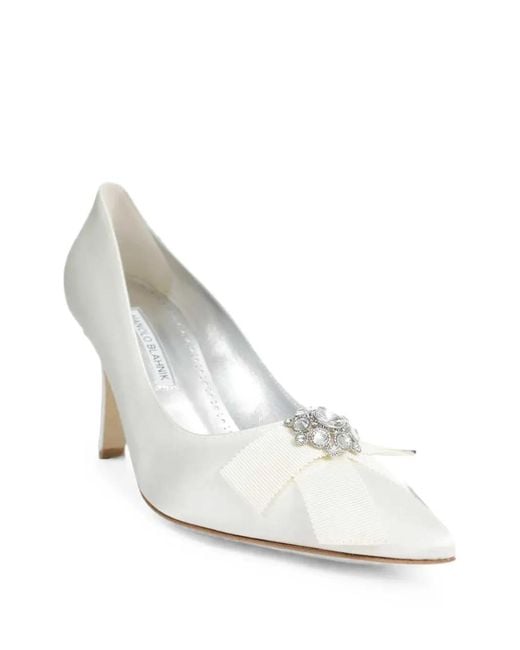 Manolo Blahnik White Escarpins À Cristaux Et Détail De Nœud