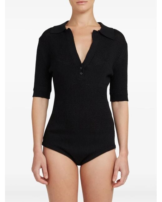 Cashmere In Love Black Crochet Knit Cotton-Cashmere Polo Bodysuit