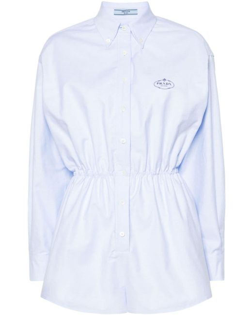 Prada White Logo-embroidered Cotton Playsuit