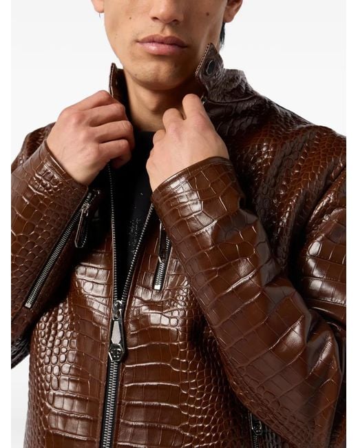 Philipp Plein Brown Zip-Fastening Leather Jacket for men