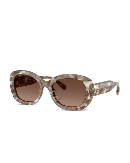 Tory Burch Brown Marble-Effect Oval-Frame Sunglasses