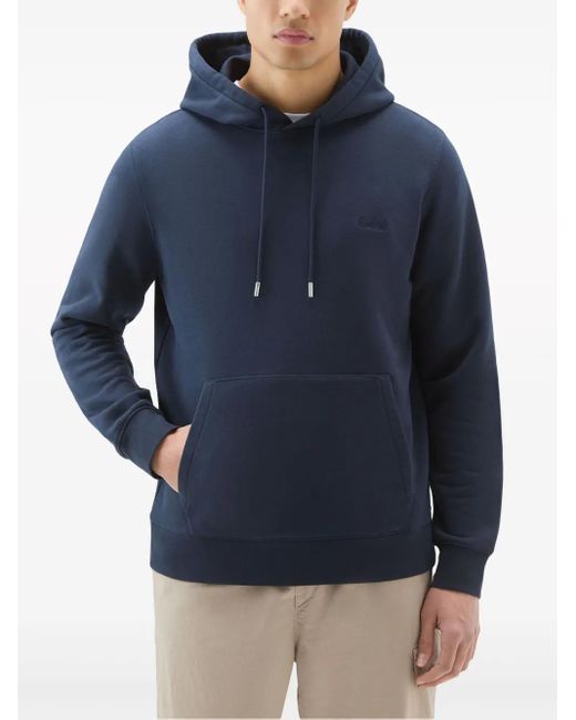 Woolrich Blue Cotton Blend Hoodie With Kangaroo Pocket for men