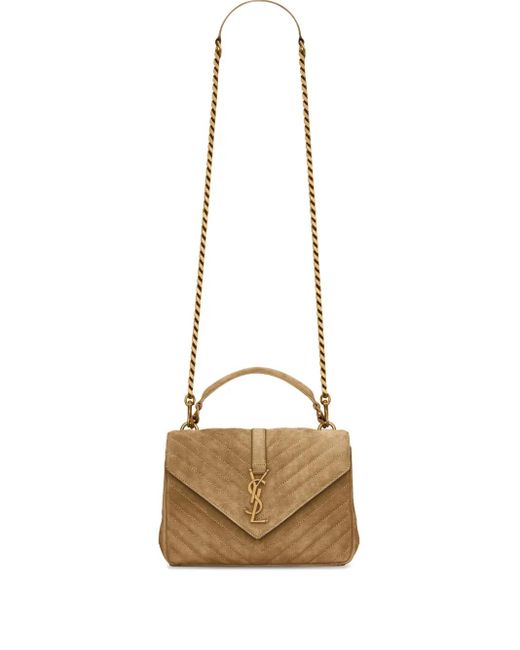 Saint Laurent Natural Medium College Quilted Suede Shoulder Bag