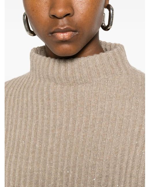 Brunello Cucinelli Natural Sequin-Embellished Ribbed-Knit Sweater