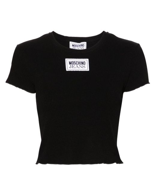 Moschino Jeans Black Geripptes T-Shirt mit Logo-Patch