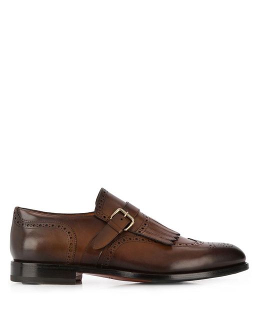 Santoni Brown Perforated Single-buckle Monk Shoes for men