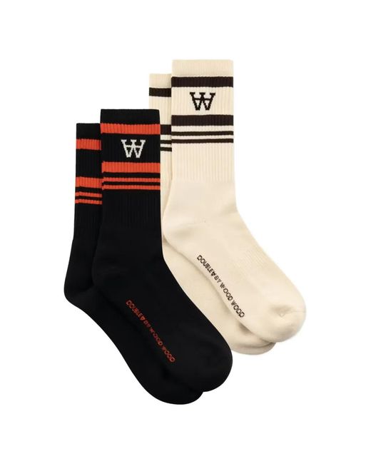 WOOD WOOD Black Ryder Striped Logo Socks (Set Of Two) for men