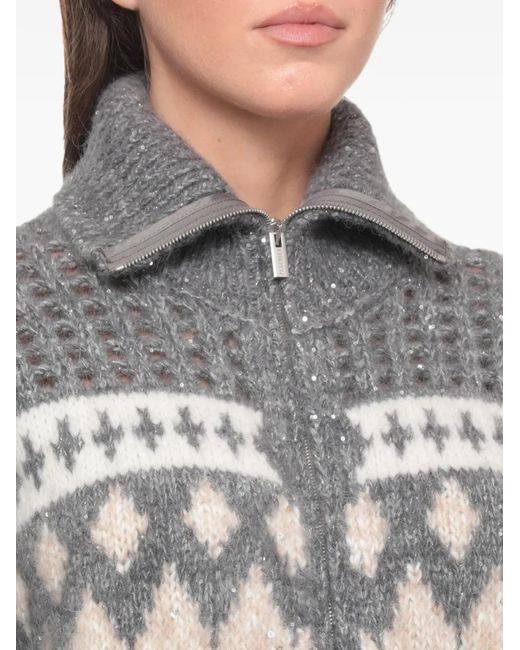 Peserico Gray Sequin-Embellished Perforated Sweater