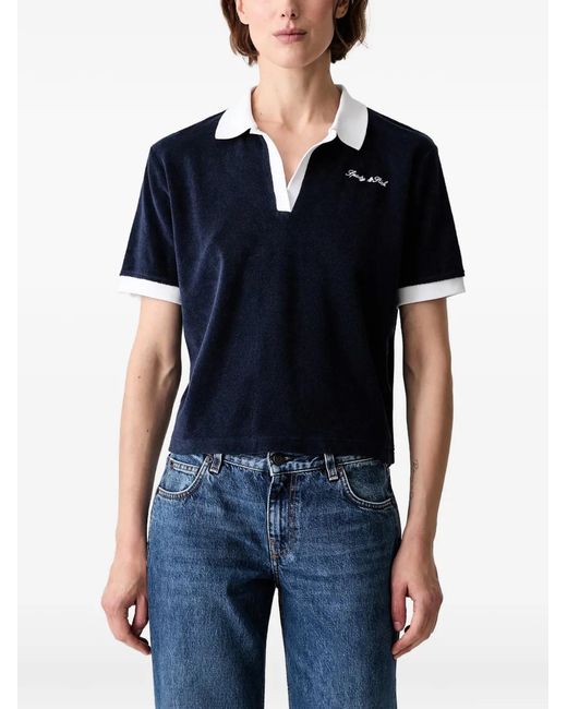 Sporty & Rich Blue Logo-Embroidered Towelling V-Neck T-Shirt