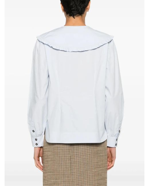 Ganni Blue Frill Collar Organic Cotton Shirt