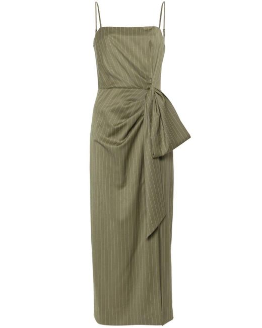 MSGM Green Pinstripe Knotted-waist Midi Dress