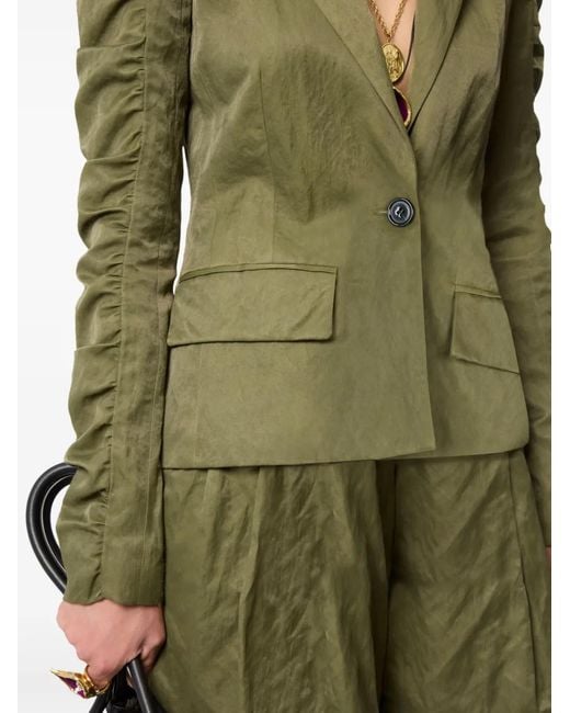 Nina Ricci Green Crinkled Ruffled-Sleeves Blazer
