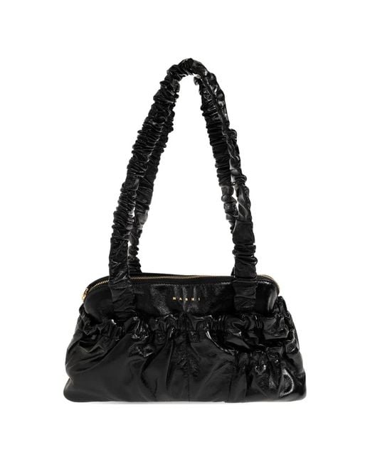 Marni Black Ruched Leather Shoulder Bag