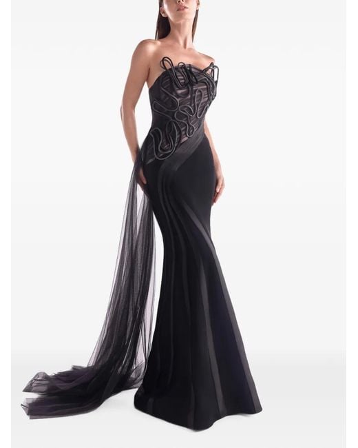 Gaby Charbachy Black Sculptural-Detail Strapless Maxi Dress