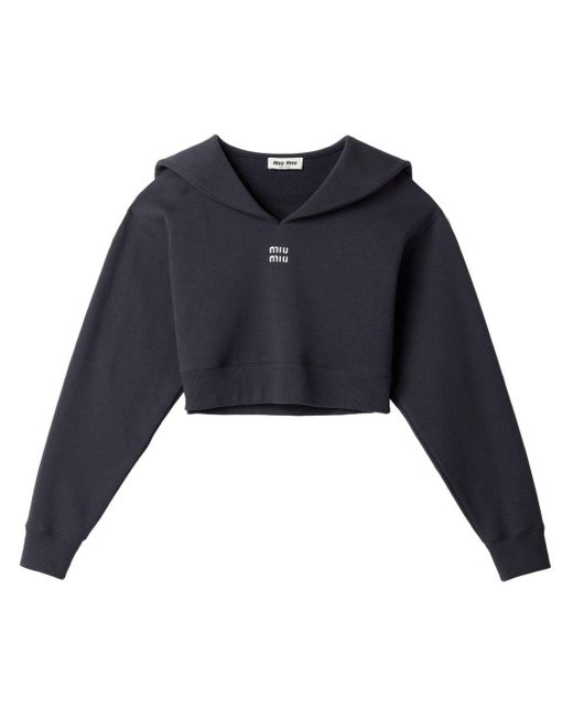 Miu Miu Blue Cotton Fleece Sweatshirt With Embroidered Logo