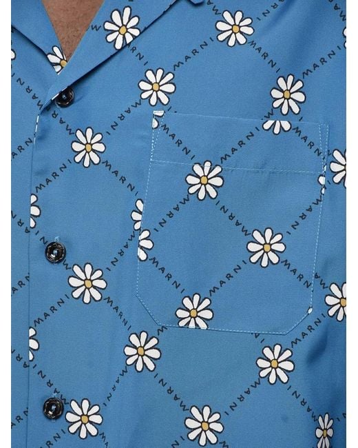Marni Blue Floral-Print Bowling Shirt for men
