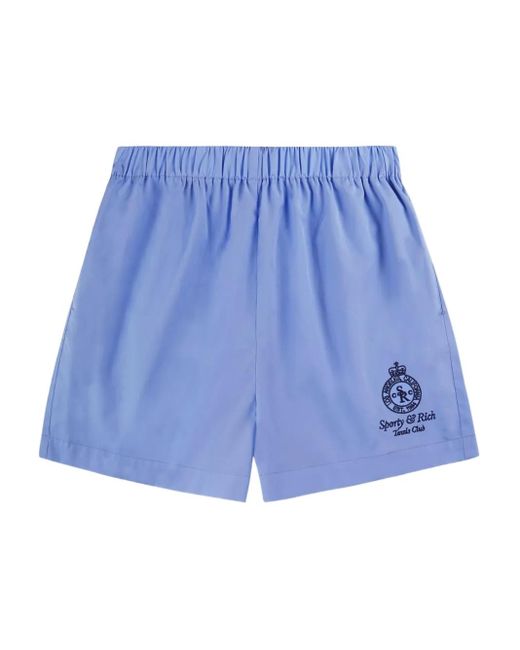 Sporty & Rich Blue Crown Tennis Embroidered-Logo Shorts
