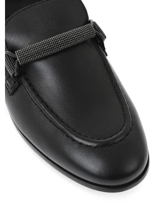 Brunello Cucinelli Black Rhinestone-Embellished Leather Loafers
