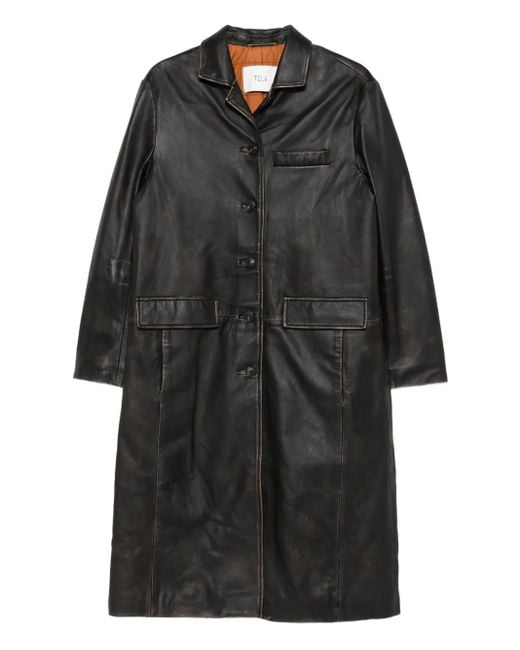 Tela Black Button-Fastening Leather Coat
