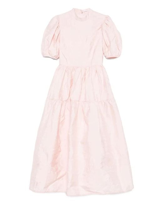 CECILIE BAHNSEN Pink Puff-Sleeve Tiered Midi Dress