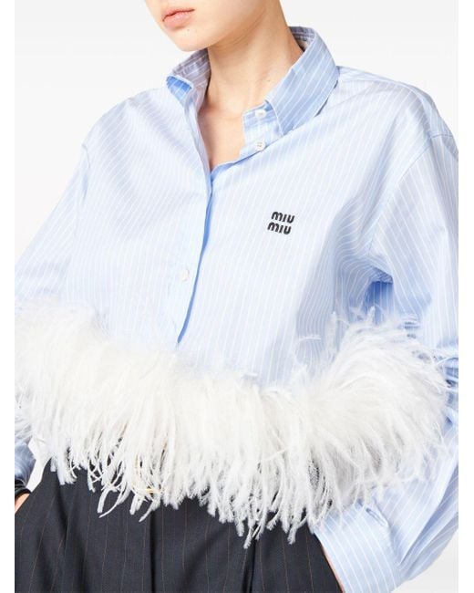 Miu Miu Blue Feather-trim Striped Cotton Shirt