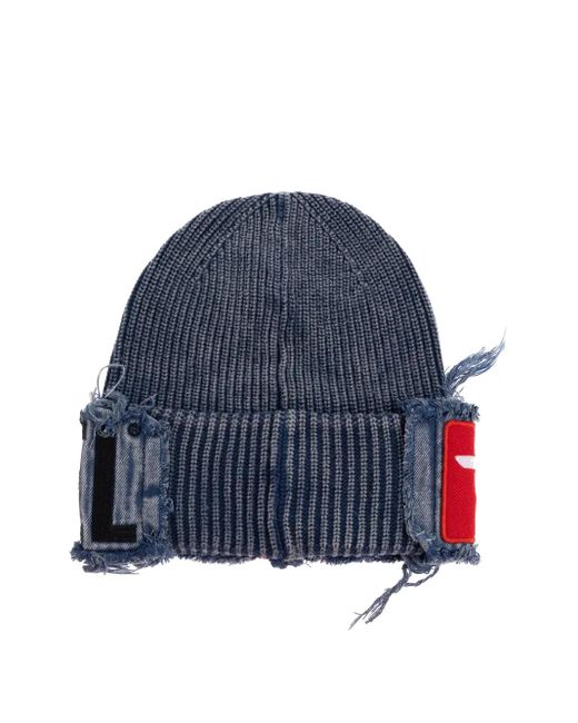 DIESEL Blue Denim Effect Beanie With Bold Patch Detail