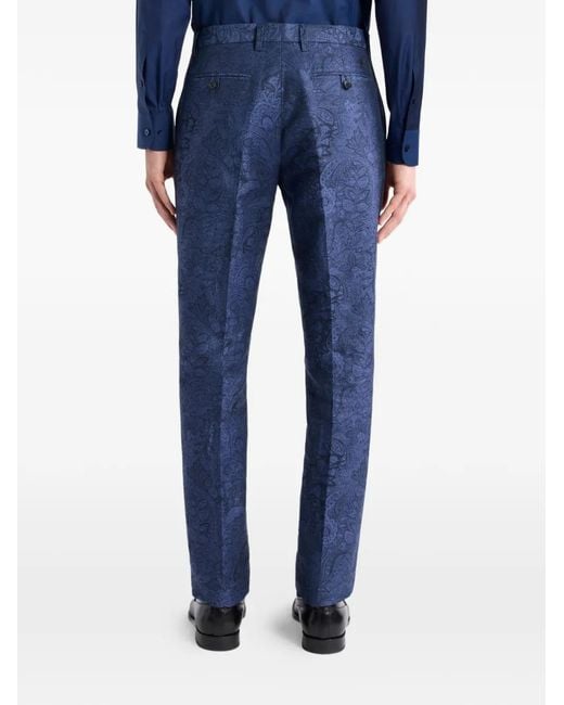 Etro Blue Jacquard Paisley-Motif Trousers for men