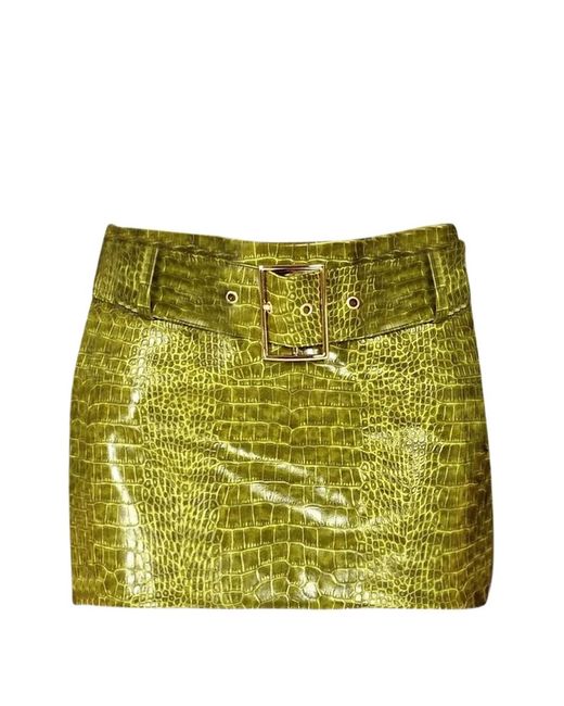ROWEN ROSE Green Croco-Effect Belted Mini Skirt