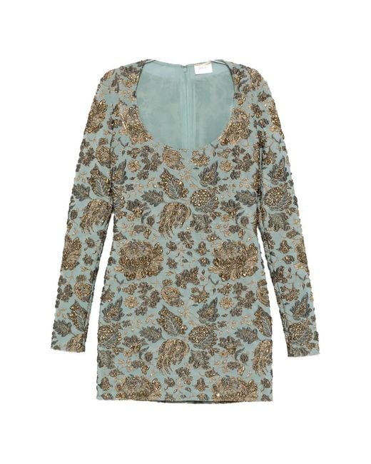 Saint Laurent Blue Floral-Brocade Long-Sleeves Mini Dress