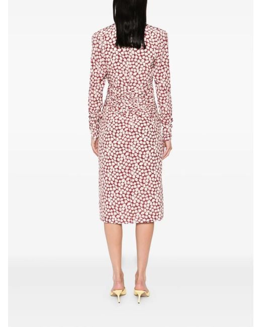 Alessandra Rich Red Floral-Print Draped Midi Dress
