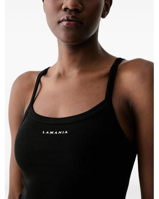 La Mania Black Ribbed-Knit Logo-Print Top