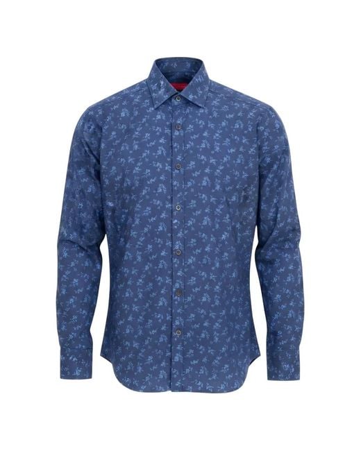 Isaia Blue Floral-Print Long-Sleeve Shirt for men
