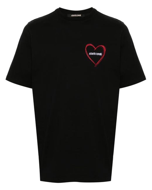 Roberto Cavalli Black Heart-Embroidered Cotton T-Shirt for men