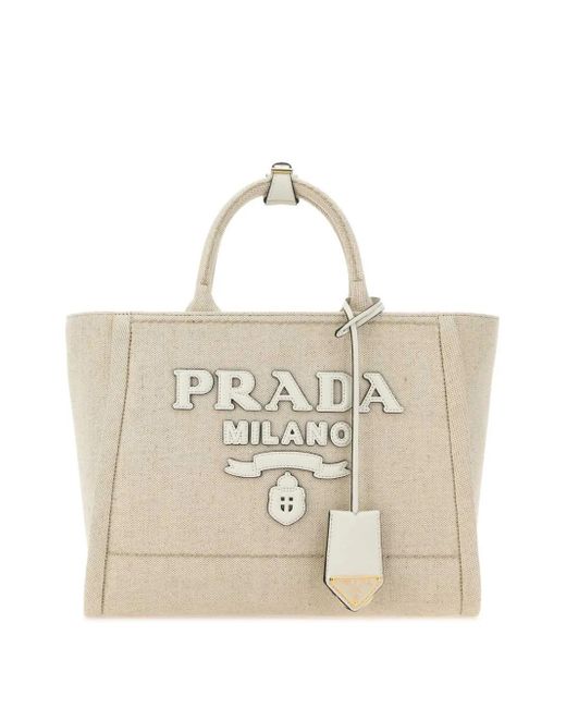 Prada Natural Großer Shopper Aus Canvas