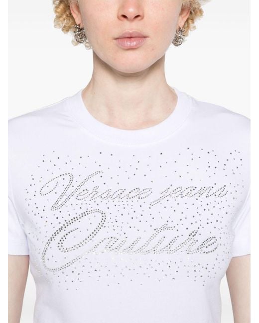 Versace White Rhinestone-detailed Cotton-blend T-shirt