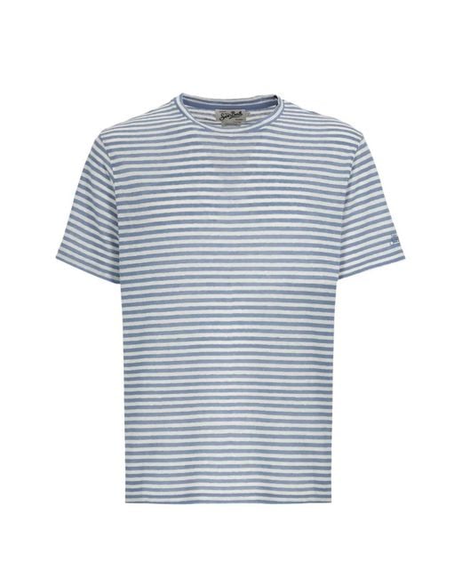 Mc2 Saint Barth Blue Striped Logo-Embroidered T-Shirt for men