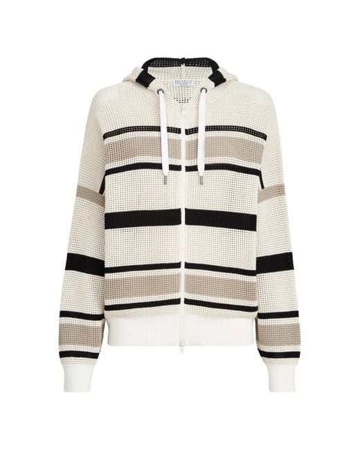 Brunello Cucinelli White Striped Cotton Net Hooded Cardigan With Zipper