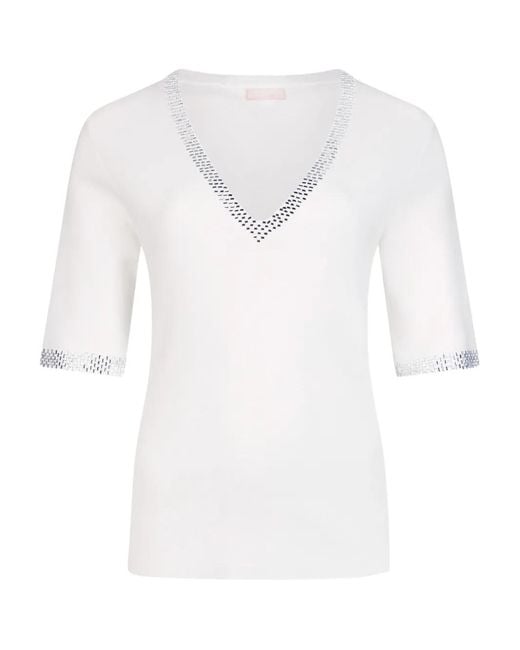 Liu Jo White Rhinestone Appliqué V-Neck T-Shirt