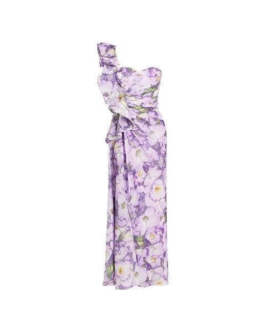 Badgley Mischka Purple One-Shoulder Ruffled Maxi Dress
