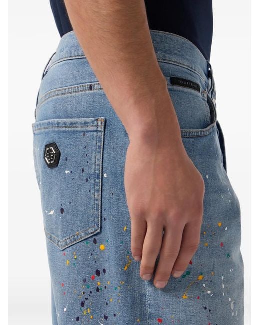 Philipp Plein Blue Paint-Splatter-Effect Denim Shorts for men