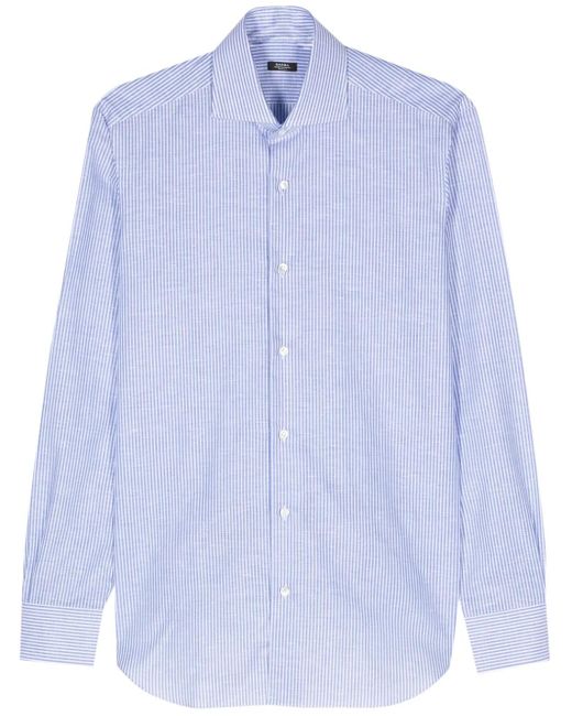 メンズ Barba Napoli ストライプ リネンシャツ Blue