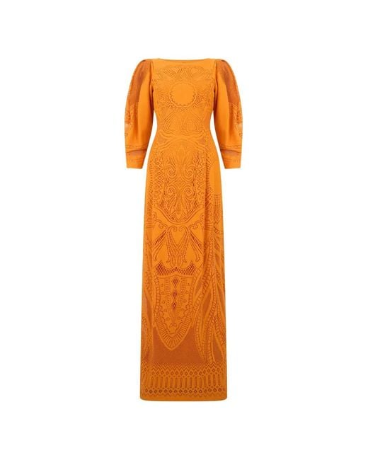 Alberta Ferretti Orange Lace-Detail Long-Sleeve Maxi Dress