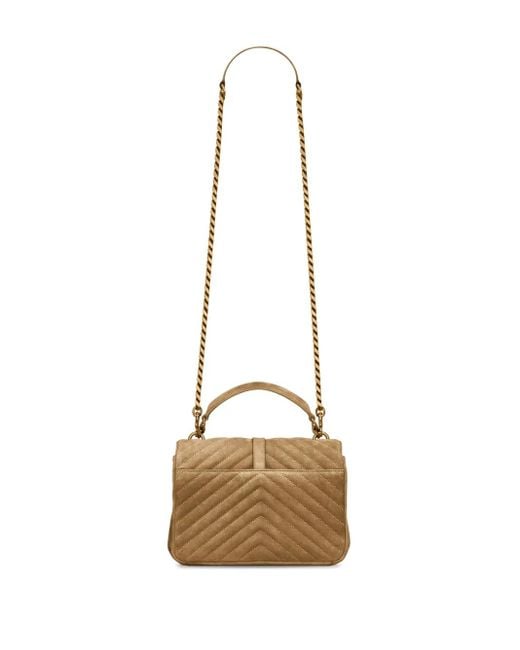 Saint Laurent Natural Medium College Quilted Suede Shoulder Bag