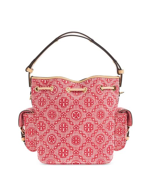 Tory Burch Pink T Monogram Denim Bucket Bag With Pockets