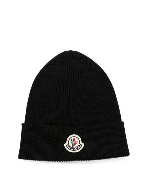 Moncler Black Archivio Logo-Patch Beanie Hat for men