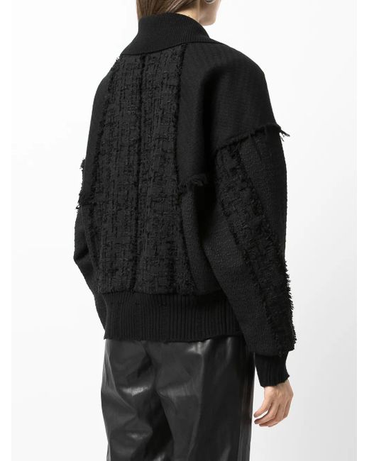 Goen.J Black Frayed Tweed Patchwork Bomber Jacket