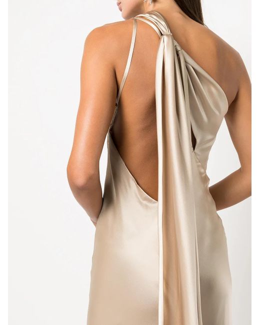 Michelle Mason Natural Side-Slit One-Shoulder Gown