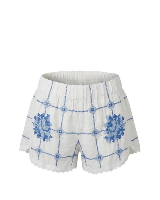 ORSINA Blue Roses Embroidered Scalloped-Hem Shorts