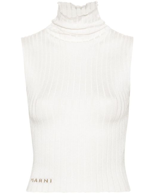Marni White Embroidered-logo Ribbed-knit Top
