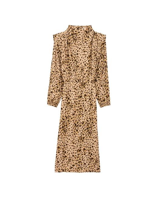 Ba&sh Natural Hoelia Animal-Print Long-Sleeved Shift Midi Dress